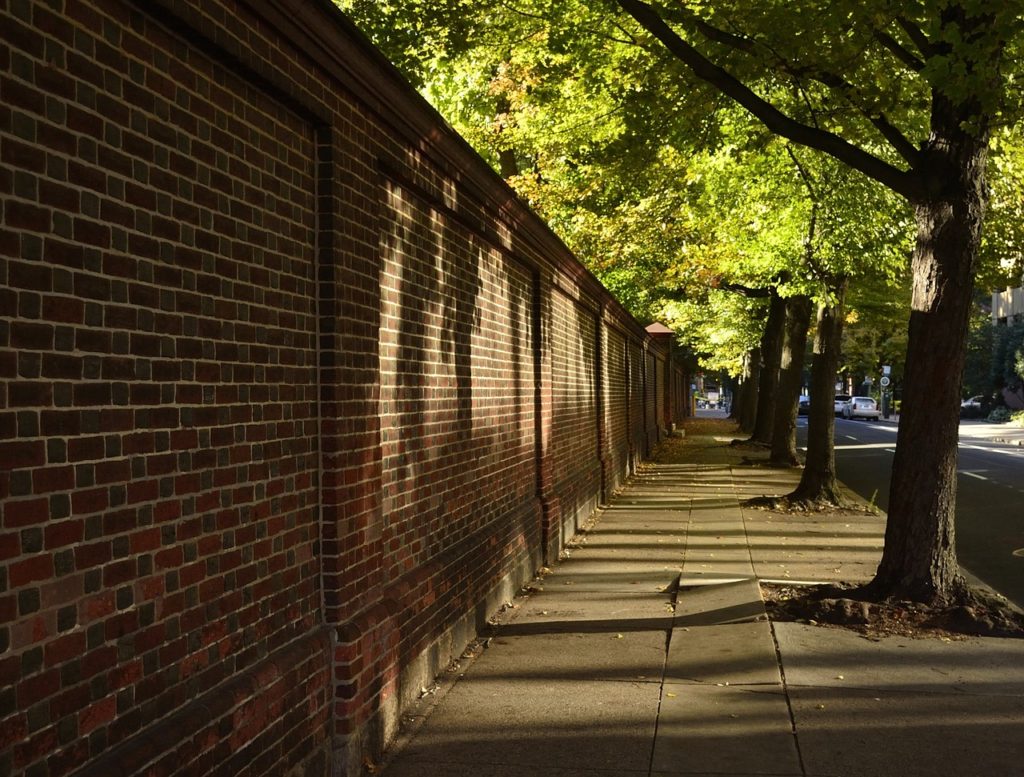 brick wall, street, sidewalk