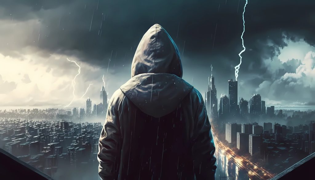 man, hoodie, lightning
