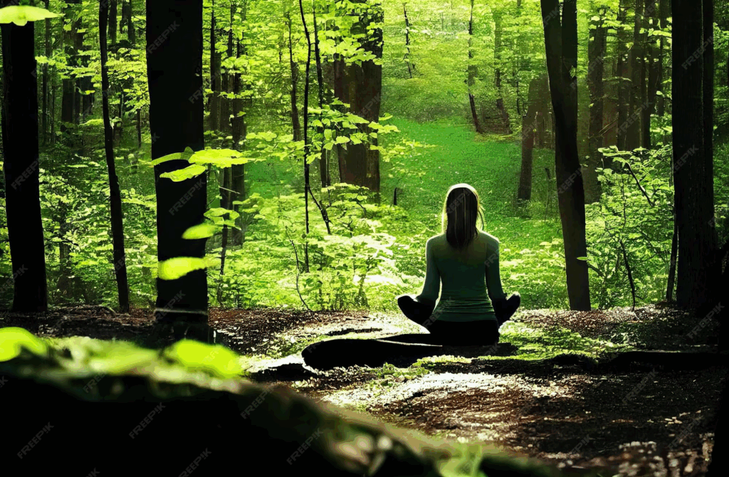 Yogafrau im Park unter Bäumen